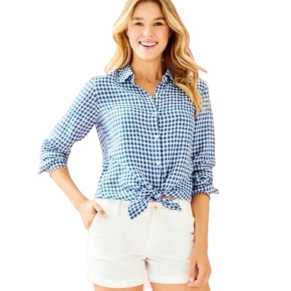 Lilly Pulitzer Blue Gingham Linen Button Down Shirt - Picture 1 of 1